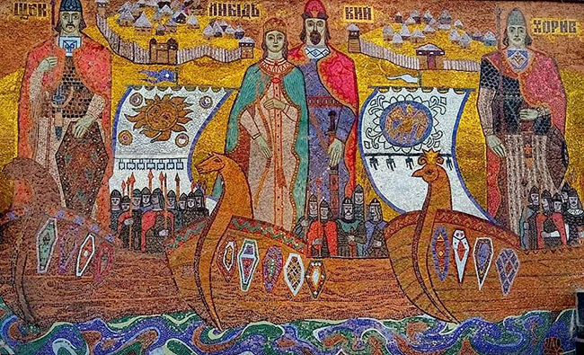 Г. Довженко. Мозаїка «Кий, Щек, Хорив і сестра їх Либідь» на фасаді Київського муніципального академічного театру ляльок. 1970. Смальта